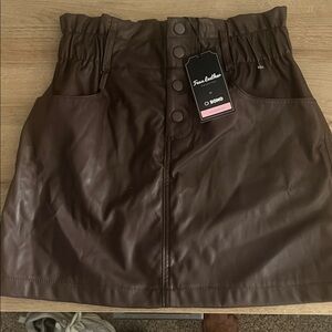 Brown Faux Leather Skirt with Button Detail